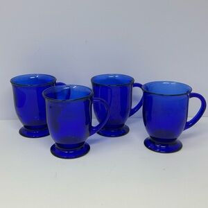 Set of 4 Vintage Anchor Hocking Cobalt Blue Glass Footed Mugs A3